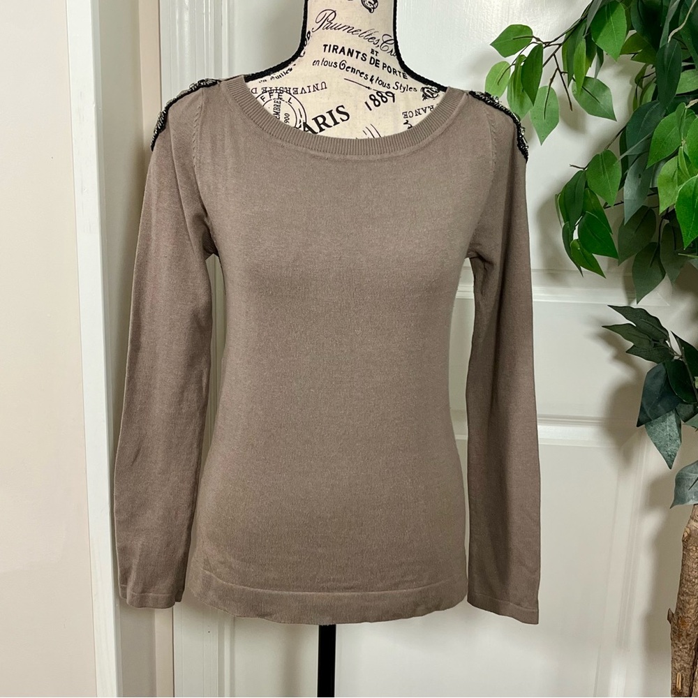 Demanding by Say What Y2K Embellished Shoulder Knit Top Taupe Sz M